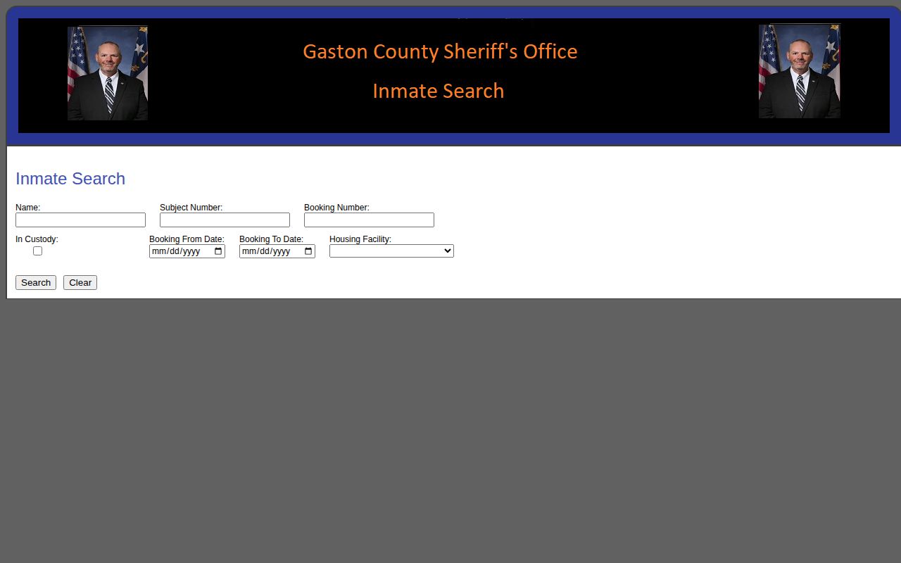 Official Gaston County inmate search form with booking date and custody fields