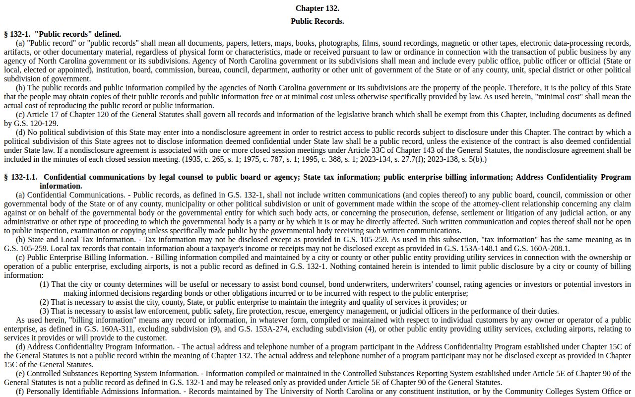 North Carolina Chapter 132 public records page